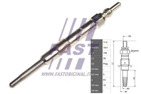 Свічка розжарювання (11V) Fiat Doblo, Punto, 1,9 Multijet 00- FAST FT82733