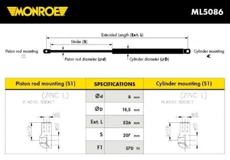 Газова пружина, кришка багажника MONROE ML5086