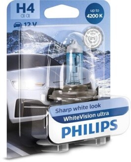 Автолампа H4 B1 12 V60/55W P43t-38 WhiteVision ultra +60% (4200K) (1 шт. в блістері) PHILIPS 12342WVUB1