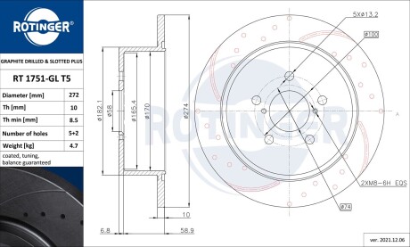 Диск тормозной графитовый (кратно 2) SUBARU LEGACY IV [274X66] (1751-GL/T5) ROTINGER RT 1751GL/T5