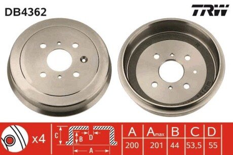 Гальмівний барабан CITROEN/PEUGEOT/TOYOTA C1/Aygo/107/108 \'\'05>> TRW DB4362